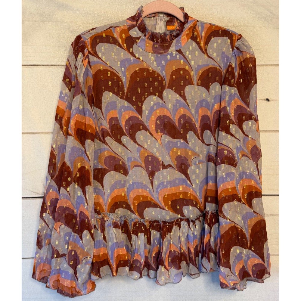 Oliphant Venice Cognac Peplum Blouse XS Gold Lurex Clip Dot Mock Neck Retro Wave